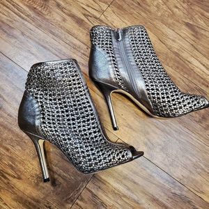 Sam Edelman Metallic Silver Heeled Booties Woven Open Toe Peep Toe, Size 6